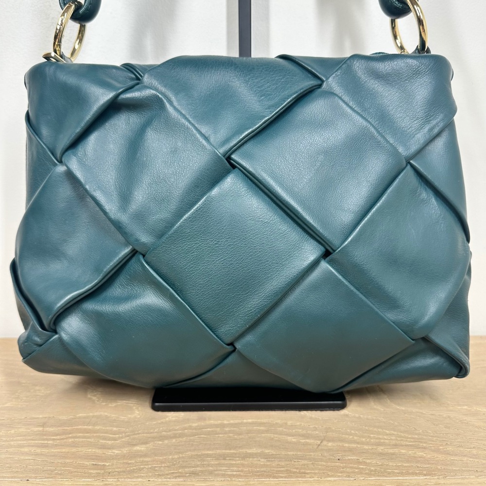 Valentina Fiore Shoulder Bag Teal Leather Woven Oversized Weave Gold Hardware